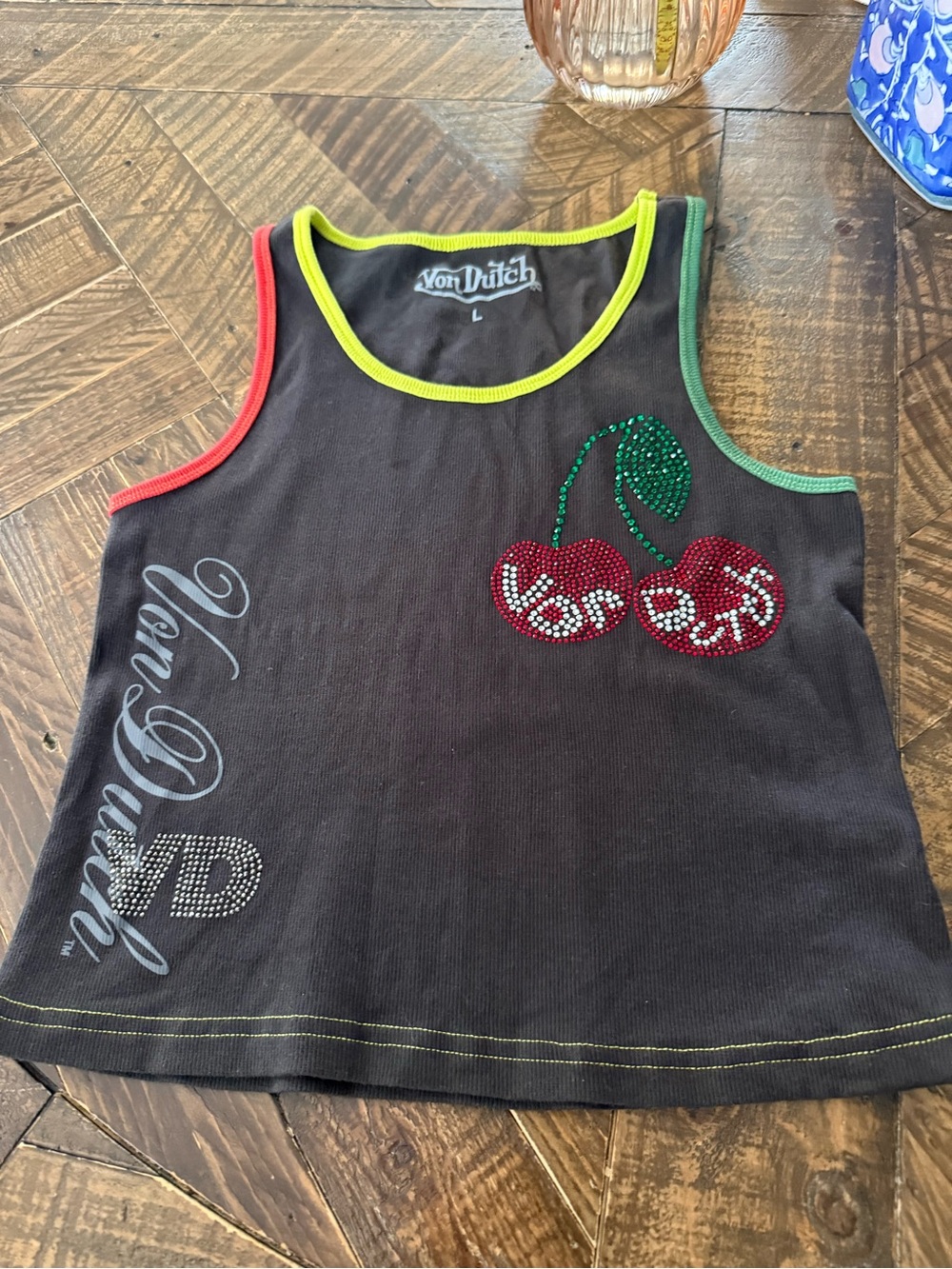 Von Dutch Black Tank Top with Red Cherry Rhinestones and Neon Trim